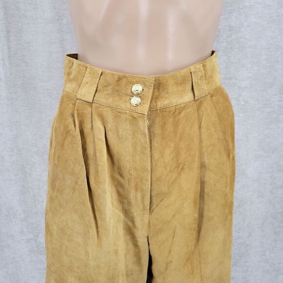 Suede Trouser Shorts Pleated Paperbag Culottes Leather Vintage Golden Tan - Picture 3 of 15
